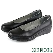 【GREEN PHOENIX】女 便鞋 包鞋 素面 全真皮 小坡跟 楔型 厚底 OL通勤 上班面試 EU35 黑色