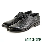 【GREEN PHOENIX】男 紳士皮鞋 商務皮鞋 德比鞋 鱷魚紋 壓花 綁帶 全真皮 EU42 黑色