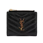 YSL 山形紋荔枝皮金字logo暗釦短夾 (黑色)