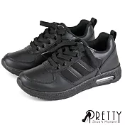 【Pretty】女 休閒鞋 雙線條 綁帶 內增高 氣墊 平底 臺灣製 JP23 黑色