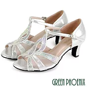 【GREEN PHOENIX】女 專業標準舞鞋 拉丁舞鞋 探戈 華爾滋 國標舞鞋 透膚 水鑽 真皮底 JP22.5 銀色67
