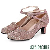 【GREEN PHOENIX】女 專業標準舞鞋 摩登舞鞋 探戈 華爾滋 國標舞鞋 金蔥 水鑽 真皮底 交叉 側扣式 68 粉紫