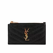 YSL 山形紋荔枝皮金字Logo拉鍊卡片/零錢夾 (黑色)