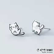 【Sayaka紗彌佳】925純銀可愛萌寵白色小貓不對稱造型耳環 -單一規格