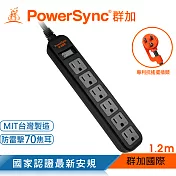 群加 PowerSync 直立式1開6插防雷擊抗搖擺延長線/黑色/1.2M(TS6ZF012)