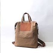 PinLe 日系無印風原創真皮帆布可放NB電腦後背包 卡其