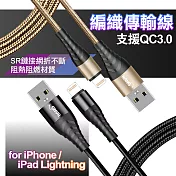 HANG iPhone/iPad 系列Lightning快速充電金屬風編織傳輸線-200CM-2入 黑
