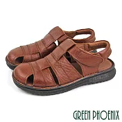 【GREEN PHOENIX】男 涼鞋 護趾 鏤空 全真皮 手工 沾黏式 平底 台灣製 US7 咖啡