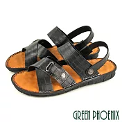 【GREEN PHOENIX】男 涼鞋 拖鞋 兩穿式 全真皮 交叉 壓紋 平底 台灣製 US6 黑色