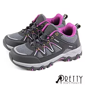 【Pretty】女 登山鞋 運動鞋 休閒鞋 防潑水 透氣 網布 反光 拼接 綁帶 EU36 黑色