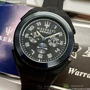 MASERATI瑪莎拉蒂精品錶,編號：R8851115007,44mm圓形寶藍橡膠錶殼黑色錶盤矽膠深黑色錶帶