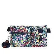 KIPLING 多口袋尼龍腰包-藍底彩繪花朵
