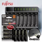 日本 Fujitsu 低自放電3號2450mAh充電電池組(3號8入+智慧型八槽USB電池充電器+送電池盒)