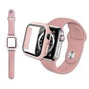 全包覆 Apple Watch Series SE/6/5/4 (44mm) 9H鋼化玻璃貼+錶殼+環保矽膠錶帶(粉砂)