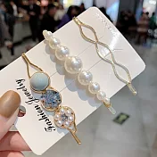 【L.Elegant】甜美珍珠碎石晶鑽3件套一字髮夾 (一組)M17 藍色