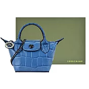 LONGCHAMP LE PLIAGE CUIR系列鱷魚紋牛皮鏈帶斜背水餃包(超迷你) 灰藍