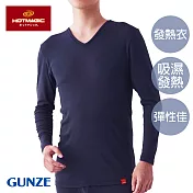 【日本GUNZE】輕薄發熱衣 男仕V領長袖(MH1909-BLU) M 藍
