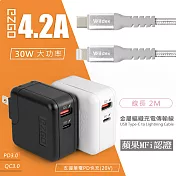 【EZGO】30W PD+QC全相容極速充電器(黑色)+金屬編織PD快充線/充電傳輸線(2M) 太空銀