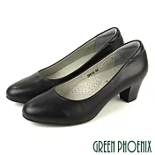 【GREEN PHOENIX】女 中跟鞋 素面 全真皮 粗跟 OL通勤 上班 面試 EU34 黑色