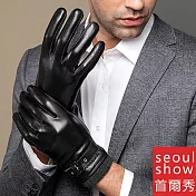 seoul show首爾秀 錶帶式針織束口進口頭層羊皮男士真皮保暖手套 黑色
