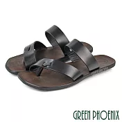 【GREEN PHOENIX】男 拖鞋 夾腳 日式 素面 全真皮 吸震 平底 臺灣製 EU39 黑色
