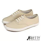 【Pretty】女 休閒鞋 日系 素面 彈性鞋帶 免綁帶 直套式 平底 臺灣製 JP23 米色