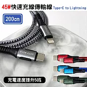 CITY 9V 45W抗彎折超級快充線 PD閃充 Type-C to Lightning 鋁合金傳輸充電線(200cm) 藍色