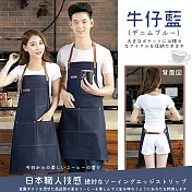 【DR.Story】專業升級職人工業風皮革牛仔圍裙 (多口袋 扣環設計 防水防油)  牛仔藍