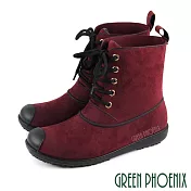 【GREEN PHOENIX】女 雨靴 雨鞋 短筒 仿布質感 綁帶 防水 EU37 磚紅色