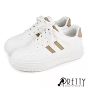 【Pretty】女 休閒鞋 板鞋 小白鞋 運動風 條紋 綁帶 厚底 JP23 棕色