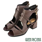 【GREEN PHOENIX】女 踝靴 涼鞋 國際精品 鏤空 墜飾 後拉鍊 粗跟 高跟 魚口 EU35.5 咖啡色