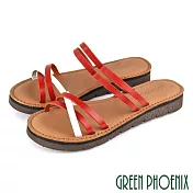 【GREEN PHOENIX】女 拖鞋 撞色 線條 全真皮 平底 台灣製 EU36 紅色