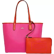 COACH 雙面防刮皮革肩背托特包-桃紅/桔紅