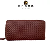 【CROSS】台灣總經銷 限量1折起 頂級小牛皮編織紋拉鍊長夾 海倫系列 全新專櫃展示品 (白蘭地色 贈禮盒提袋)