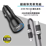 HANG 41W雙孔快充車充頭+PD20W抗彎折超級快充線 Type-C to Lightning充電線(1.2M)