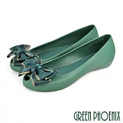 【GREEN PHOENIX】女 香香鞋 雨鞋 果凍鞋 緞帶蝴蝶結 一體成型 內增高 露趾 防水 EU41 綠色