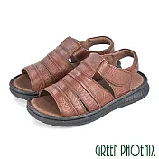 【GREEN PHOENIX】男 涼鞋 線條感 全真皮 沾黏式 寬楦 厚底 手工 台灣製 US8 咖啡色
