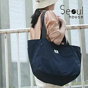 Seoul house 雙面拼色百搭防潑水托特包／購物袋 藍x卡其