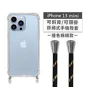 【Timo】iPhone 13 mini 5.4吋 專用 附釦環透明防摔手機保護殼(掛繩殼/背帶殼)+撞色棉繩 黑金