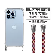 【Timo】iPhone 13 mini 5.4吋 專用 附釦環透明防摔手機保護殼(掛繩殼/背帶殼)+撞色棉繩 紅杏灰