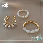 【伊飾童話】珍珠金繽＊彈性開口魚線戒指三件組