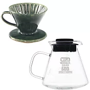 MILA日本製 織部燒 咖啡濾杯01-匠織部釉(附MILA耐熱玻璃壺600ml-黑蓋)