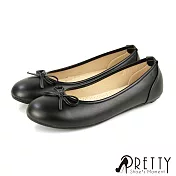 【Pretty】女 娃娃鞋 便鞋 蝴蝶結 圓頭 OL通勤 上班 面試 平底 台灣製 JP23.5 黑色