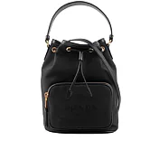 PRADA 刺繡Logo帆布拼皮革飾邊二用水桶包 (黑色)