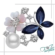【伊飾童話】蝴蝶花園*珍珠水鑽交錯胸針 銀白藍
