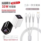 【KooPin】33W液晶顯示 雙孔PD+QC快速充電器(贈送 三合一充電線) 黑色