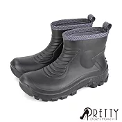 【Pretty】男女 雨靴 雨鞋 短筒 防水 寬楦 霧面 刻紋 線條滾邊 義大利設計 台灣製 JP24 黑色