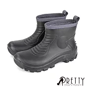 【Pretty】男女 雨靴 雨鞋 短筒 防水 寬楦 霧面 刻紋 線條滾邊 義大利設計 臺灣製 JP24 黑色