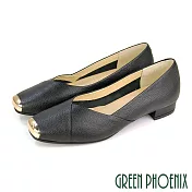 【GREEN PHOENIX】女 低跟鞋 娃娃鞋 便鞋 金屬頭 全真皮 方頭 粗跟 台灣製 US8 黑色
