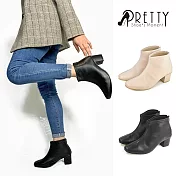 【Pretty】女 踝靴 短靴 粗高跟 微尖頭 素面 後拉鍊 臺灣製 JP23 黑色